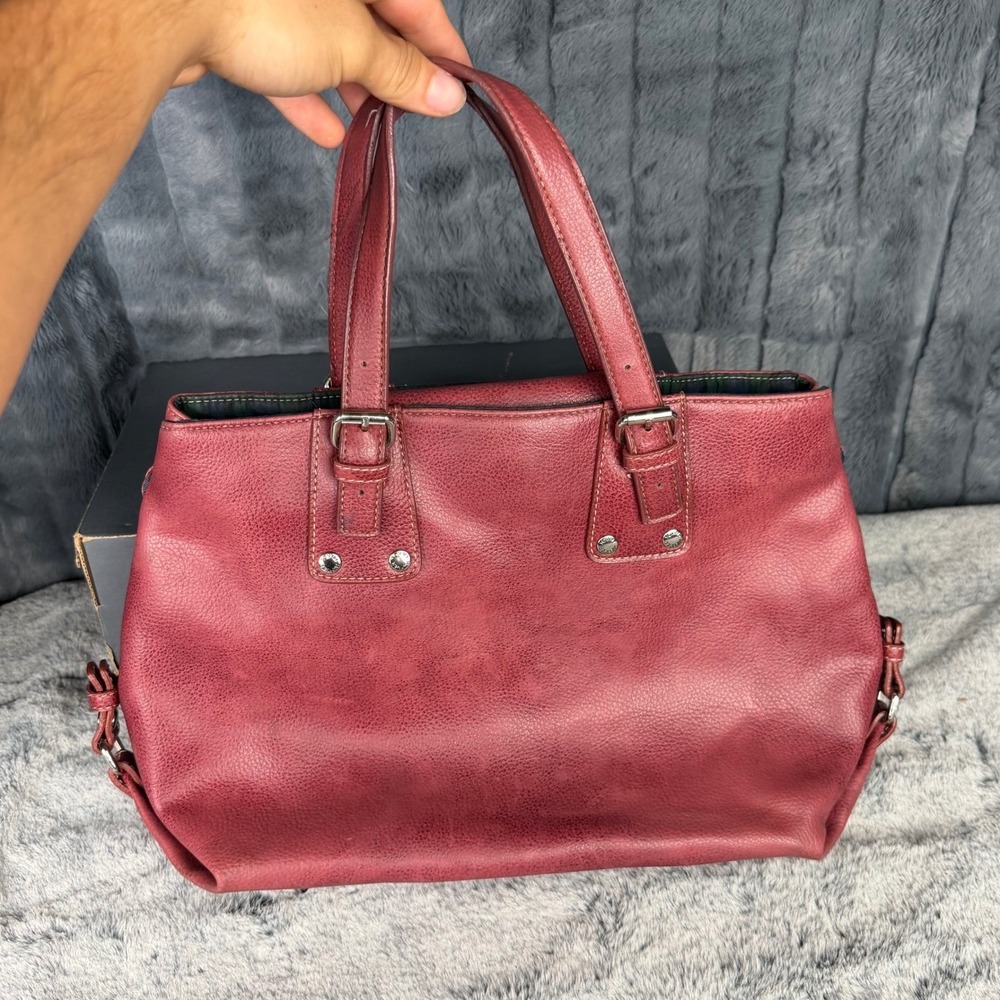 Tommy Hilfiger Burgundy Pebbled Leather Tote Bag Plaid Lining Red Handbag